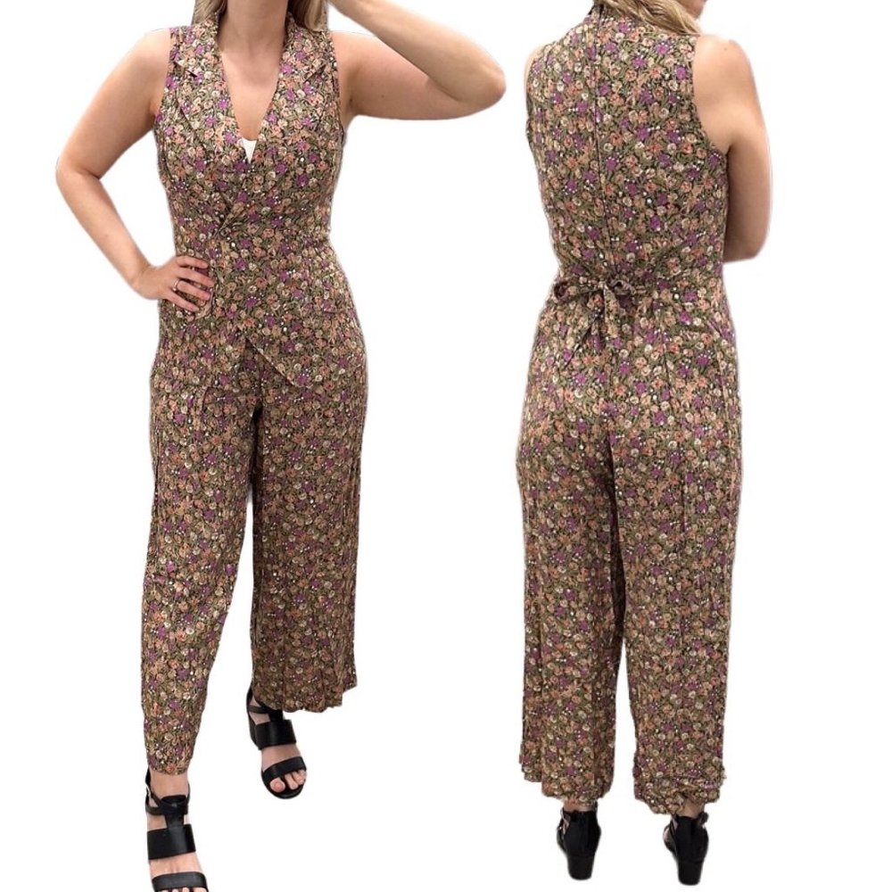 Jamie Brooke Wide-Leg Floral Print Vest Jumpsuit Vintage 90s Women’s Size M